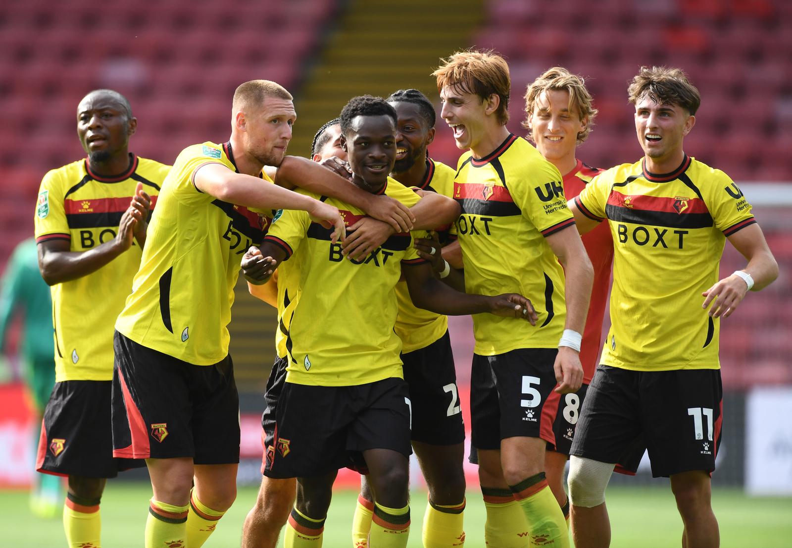 Watford FC Season 2026-27      06/08/2026
Pic  Alan Cozzi Archive           
Watford v Crawley Town Carabao Cup Rd 1
Marc Bola of Watford celebrates his 99th minute winner 1-0