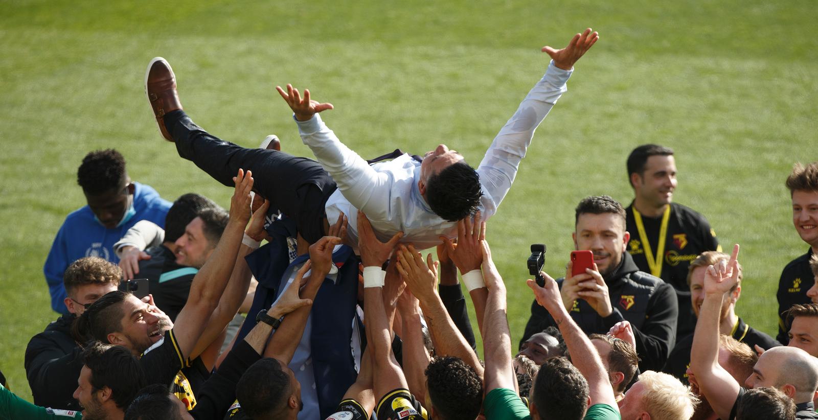 Watford FC Season 2020-21   Championship
Watford v Millwall    
Pic Alan Cozzi / Andrew Scott    24/04/2021          
Xisco Munoz head coach of Watford with his players lifted off his feet